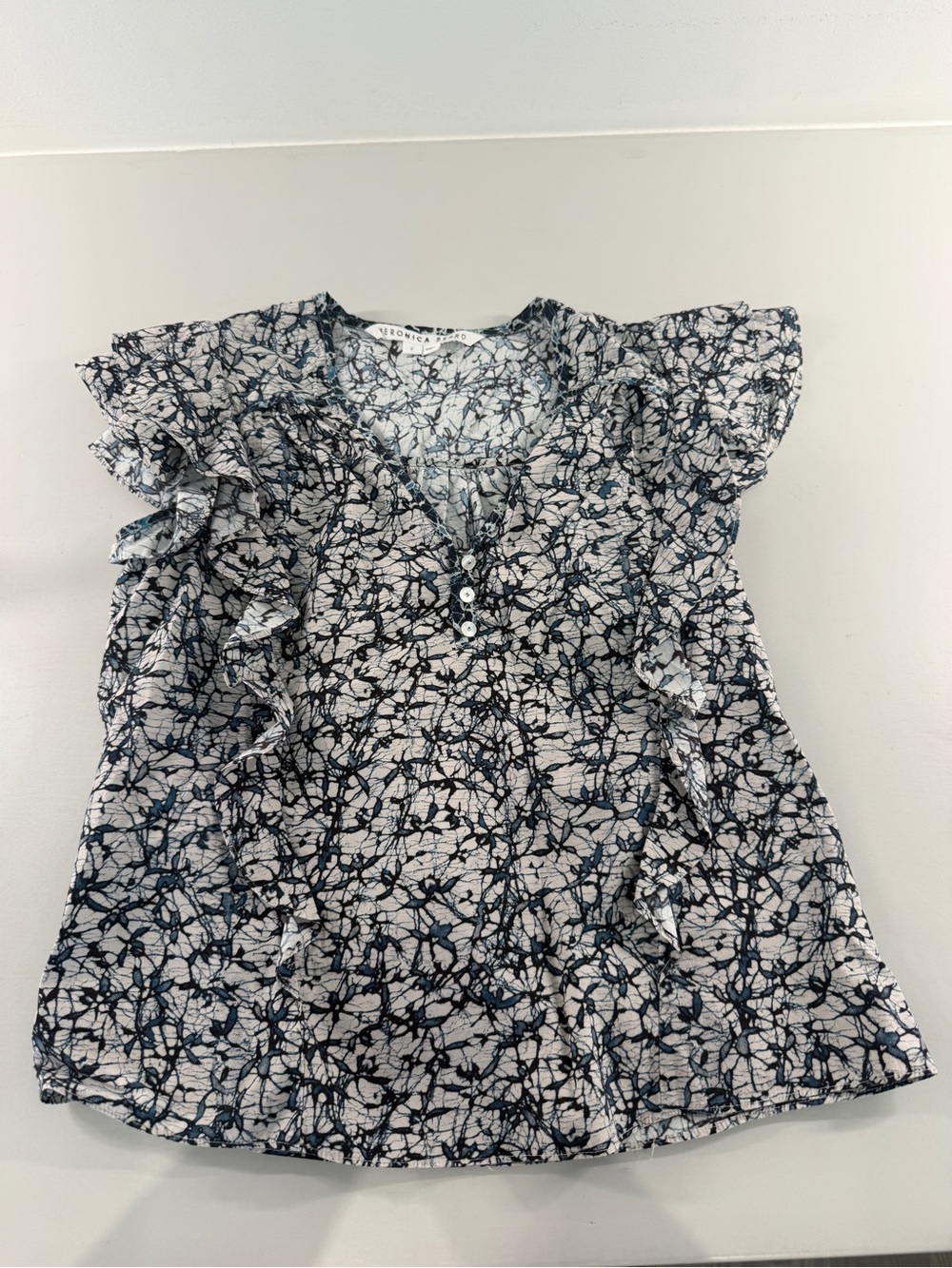 Veronica Beard Navy and White Flutter-Sleeve Printed Top Joi Batik Print Top